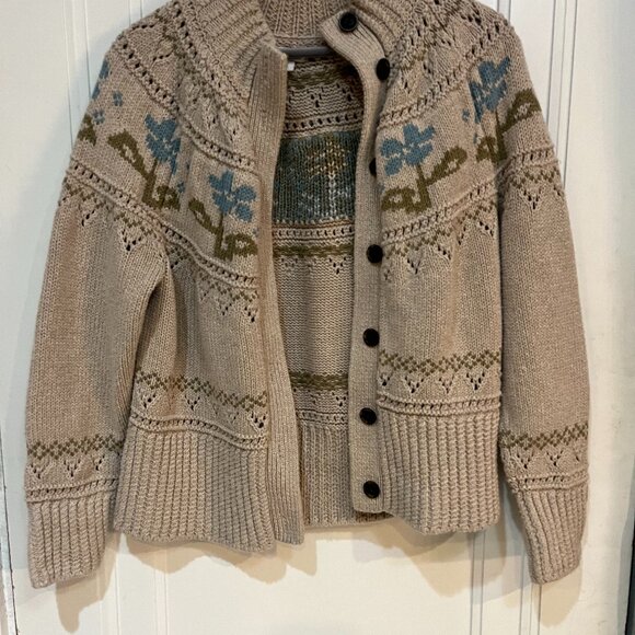 LL Bean fisherman cotton sweater cardigan oatmeal floral size L - Picture 1 of 6